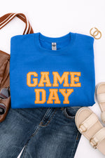 Hazel Blues® |  PREORDER: Embroidered Glitter Game Day Sweatshirt in Royal Blue/Orange