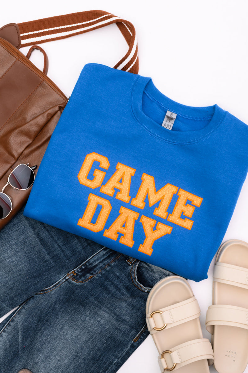 Hazel Blues® |  PREORDER: Embroidered Glitter Game Day Sweatshirt in Royal Blue/Orange