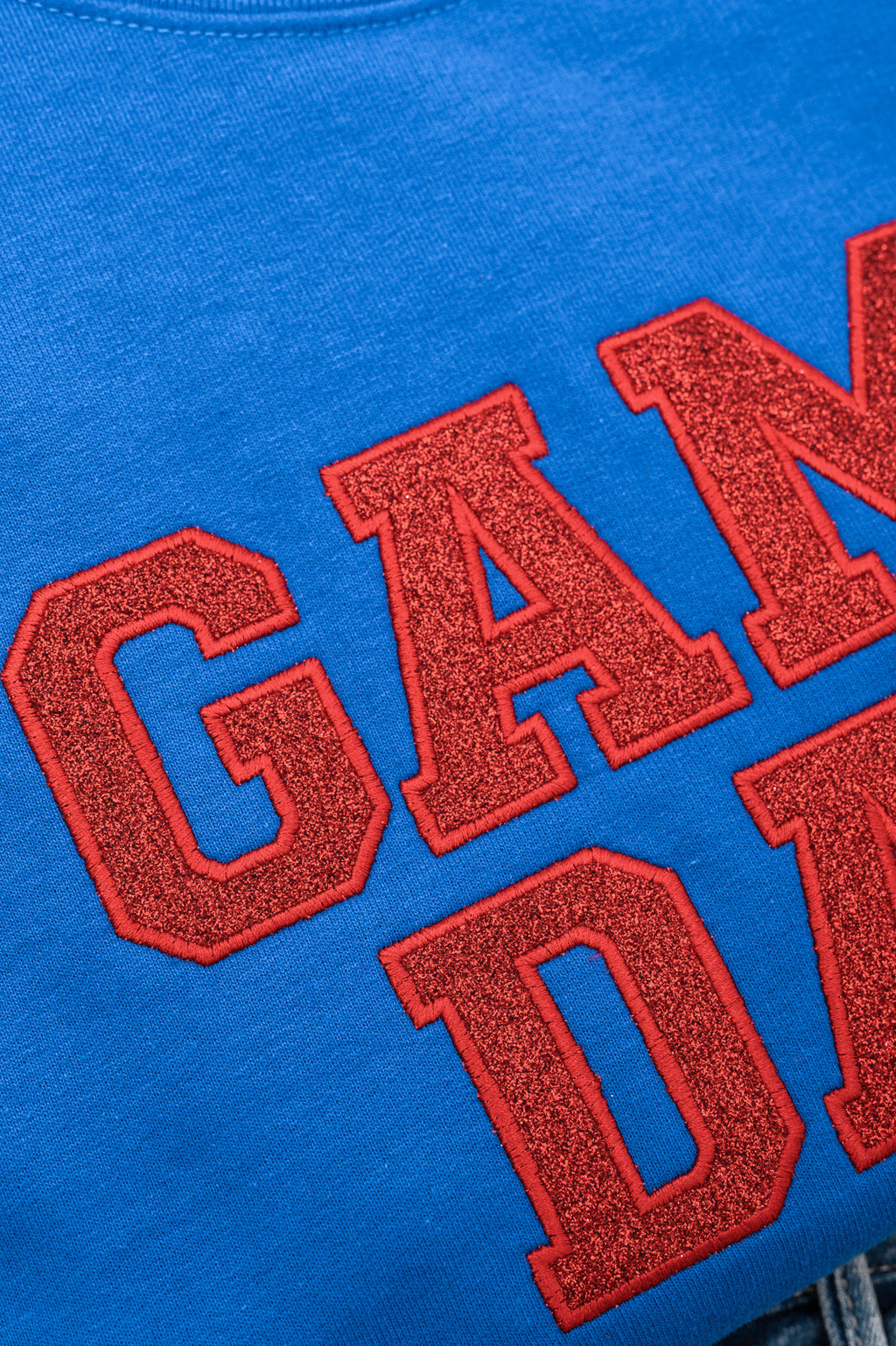 Hazel Blues® |  PREORDER: Embroidered Glitter Game Day Sweatshirt in Royal Blue/Red