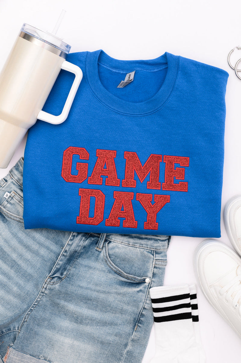 Hazel Blues® |  PREORDER: Embroidered Glitter Game Day Sweatshirt in Royal Blue/Red