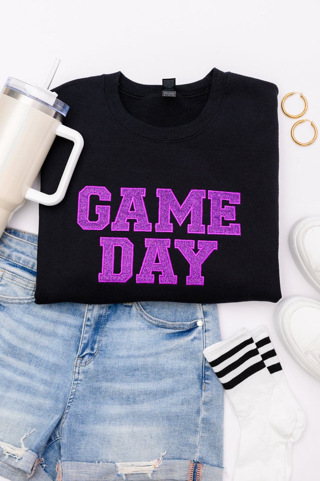 Hazel Blues® |  PREORDER: Embroidered Glitter Game Day Sweatshirt in Black/Purple