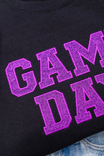 Hazel Blues® |  PREORDER: Embroidered Glitter Game Day Sweatshirt in Black/Purple