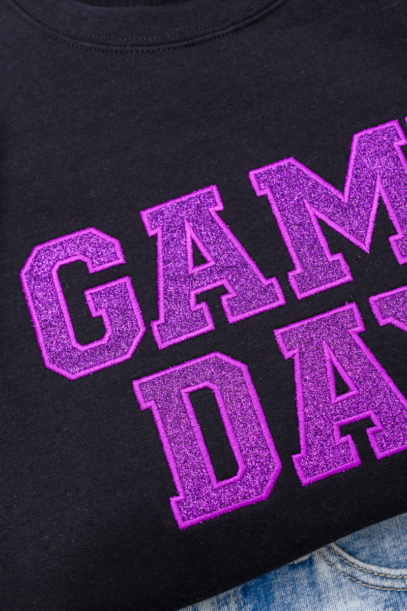 Hazel Blues® |  PREORDER: Embroidered Glitter Game Day Sweatshirt in Black/Purple