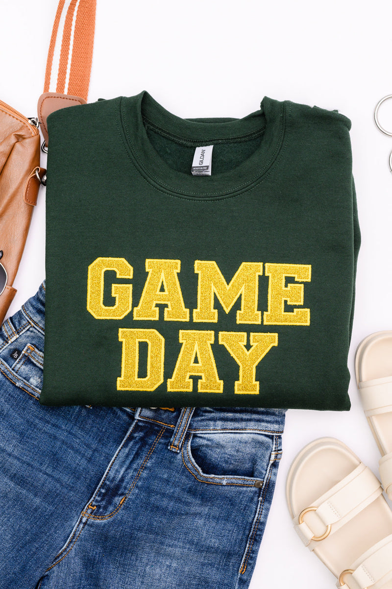 Hazel Blues® |  PREORDER: Embroidered Glitter Game Day Sweatshirt in Forest Green/Golden Yellow