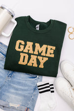 Hazel Blues® |  PREORDER: Embroidered Glitter Game Day Sweatshirt in Forest Green/Old Gold