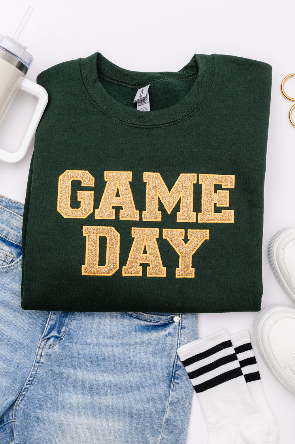 Hazel Blues® |  PREORDER: Embroidered Glitter Game Day Sweatshirt in Forest Green/Old Gold