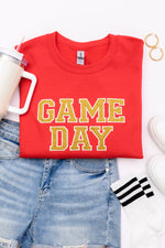 Hazel Blues® |  PREORDER: Embroidered Glitter Game Day Sweatshirt in Red/Golden Yellow