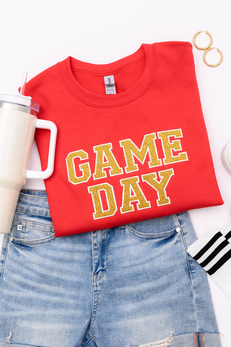 Hazel Blues® |  PREORDER: Embroidered Glitter Game Day Sweatshirt in Red/Golden Yellow