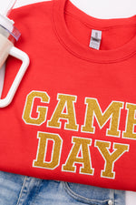 Hazel Blues® |  PREORDER: Embroidered Glitter Game Day Sweatshirt in Red/Golden Yellow