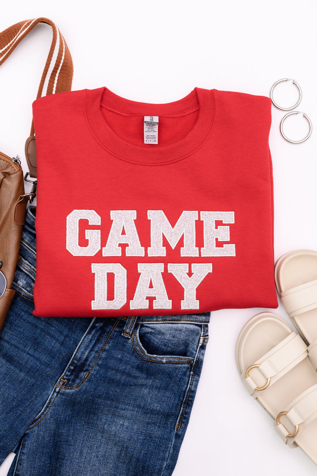 Hazel Blues® |  PREORDER: Embroidered Glitter Game Day Sweatshirt in Red/Silver