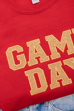 Hazel Blues® |  PREORDER: Embroidered Glitter Game Day Sweatshirt in Red/Old Gold