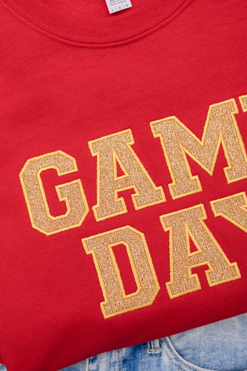 Hazel Blues® |  PREORDER: Embroidered Glitter Game Day Sweatshirt in Red/Old Gold