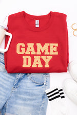 Hazel Blues® |  PREORDER: Embroidered Glitter Game Day Sweatshirt in Red/Old Gold