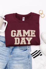 Hazel Blues® |  PREORDER: Embroidered Glitter Game Day Sweatshirt in Garnet/Champagne Gold