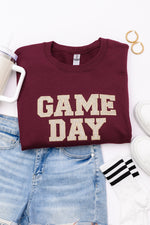 Hazel Blues® |  PREORDER: Embroidered Glitter Game Day Sweatshirt in Garnet/Champagne Gold