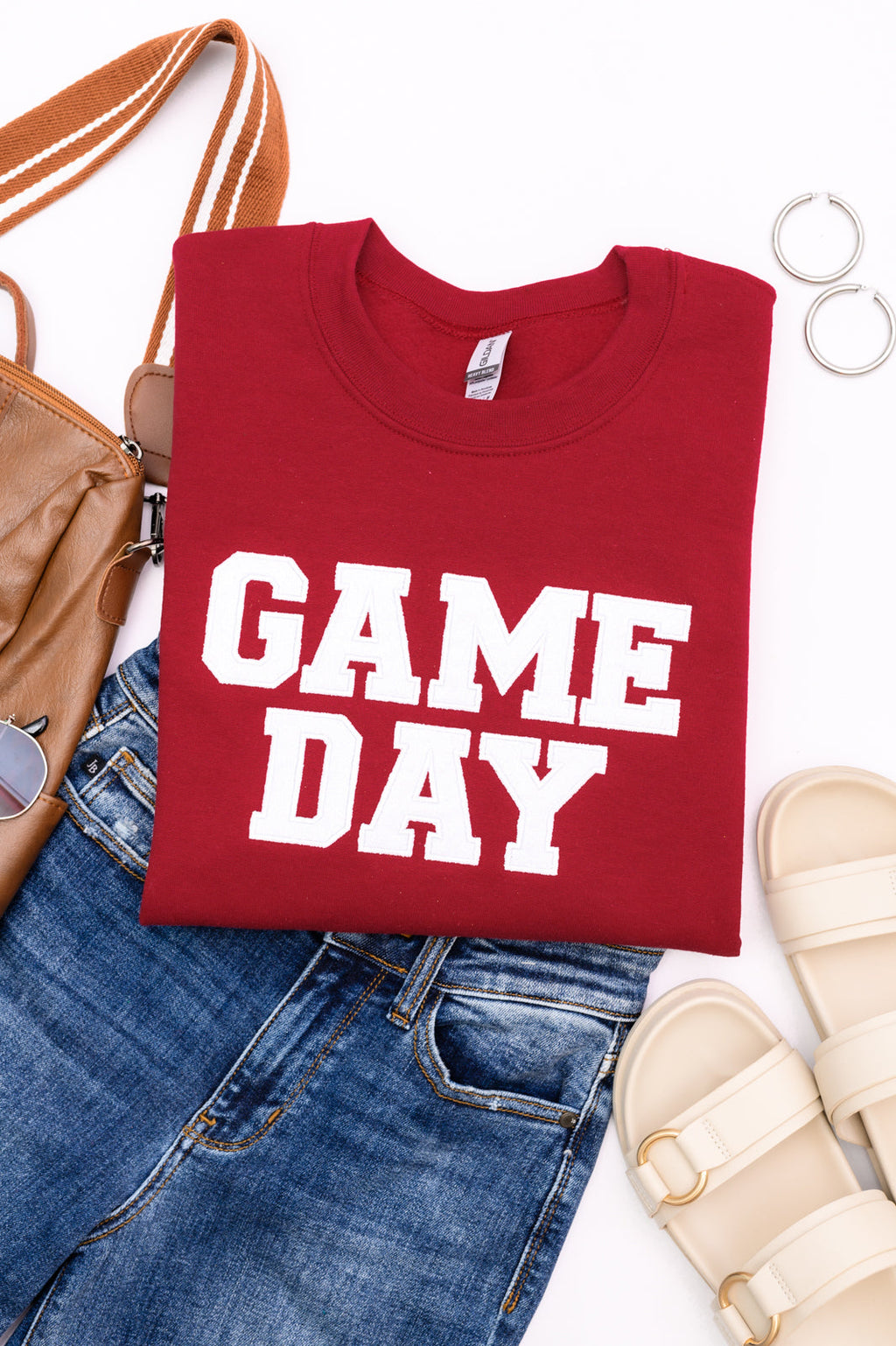 Hazel Blues® |  PREORDER: Embroidered Glitter Game Day Sweatshirt in Crimson/White