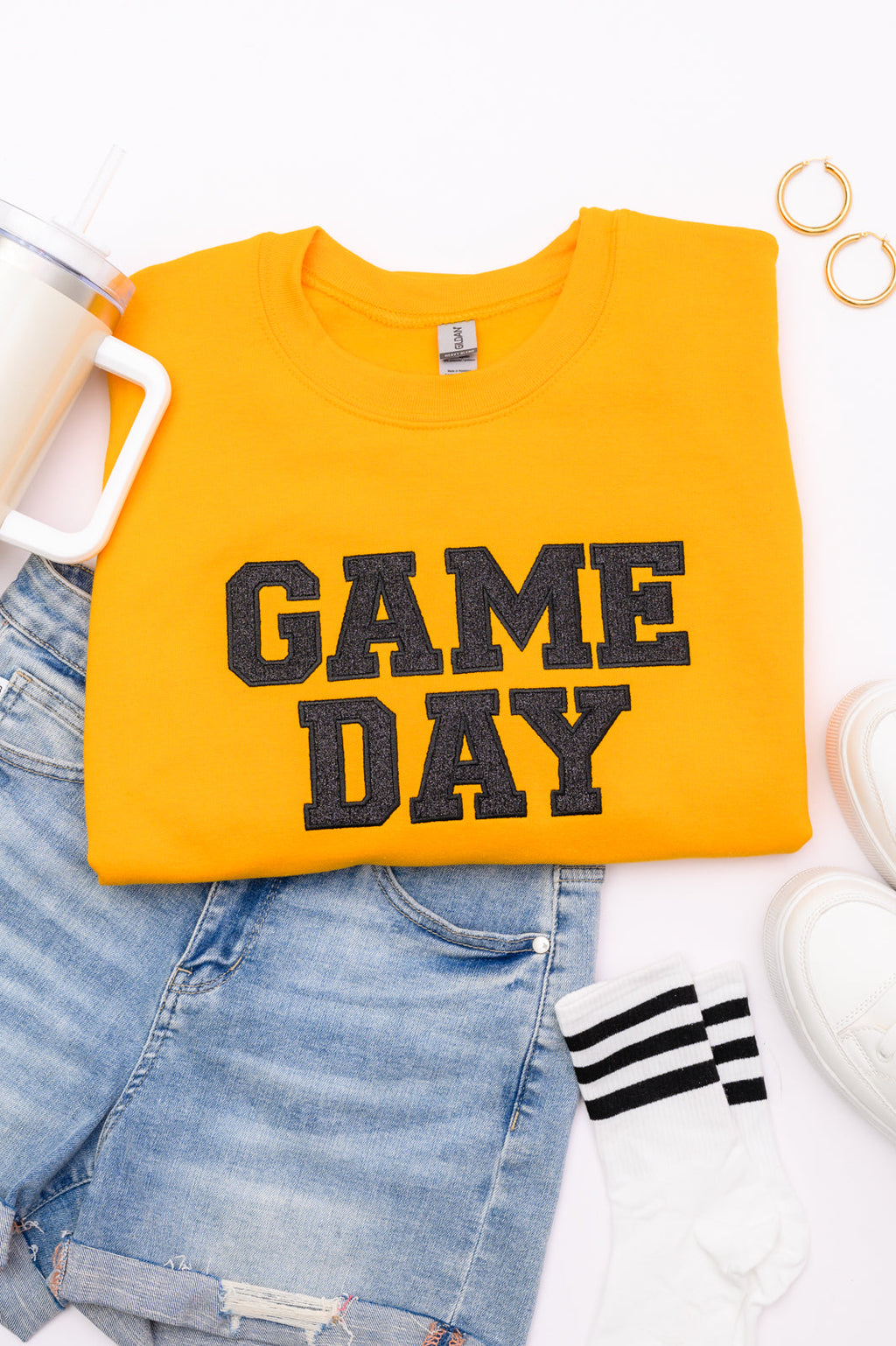 Hazel Blues® |  PREORDER: Embroidered Glitter Game Day Sweatshirt in Gold/Black