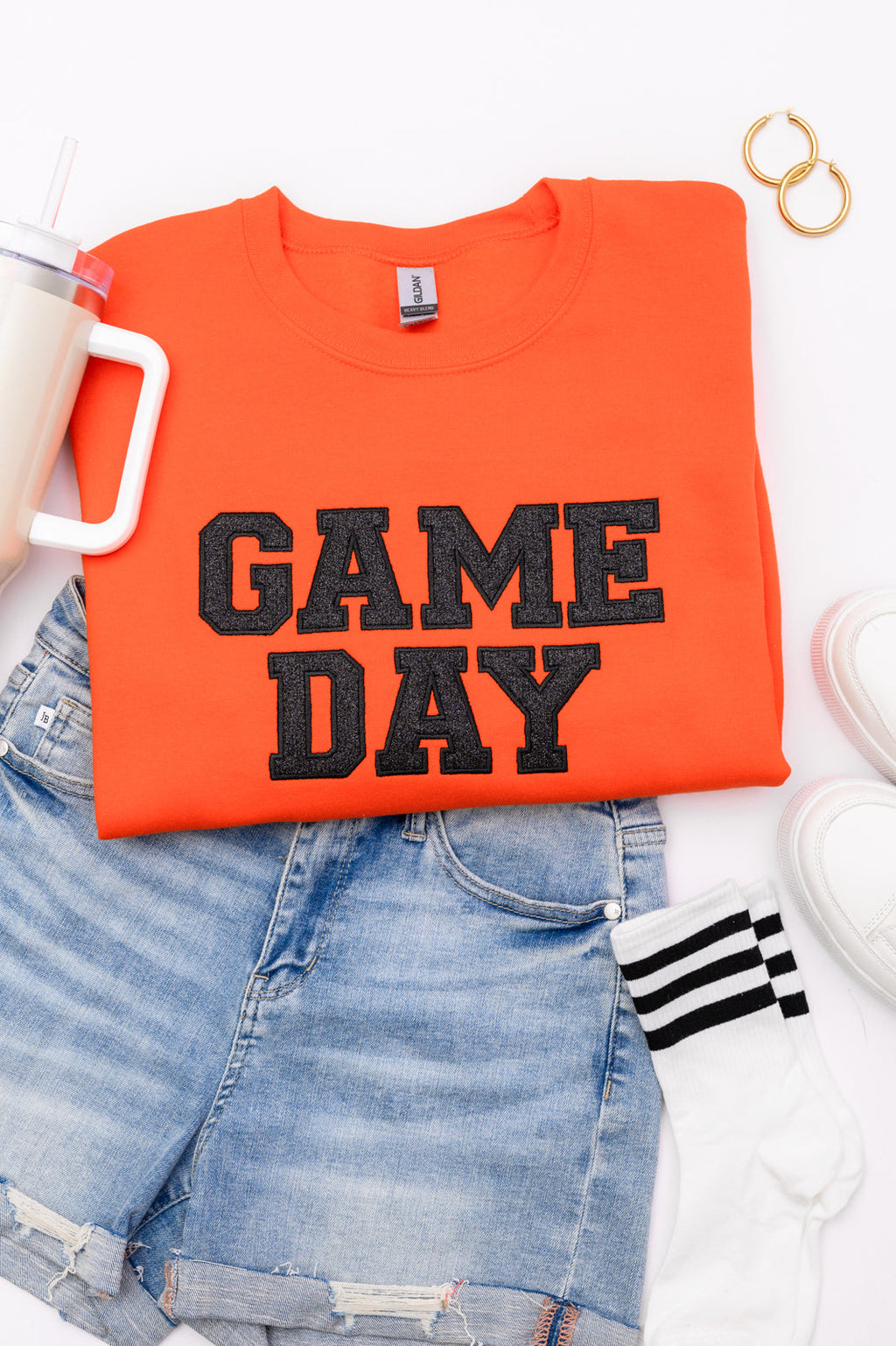 Hazel Blues® |  PREORDER: Embroidered Glitter Game Day Sweatshirt in Orange/Black