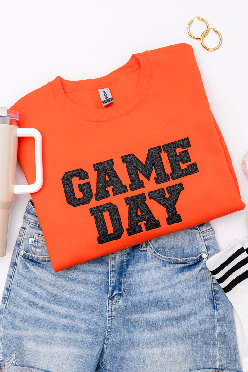 Hazel Blues® |  PREORDER: Embroidered Glitter Game Day Sweatshirt in Orange/Black