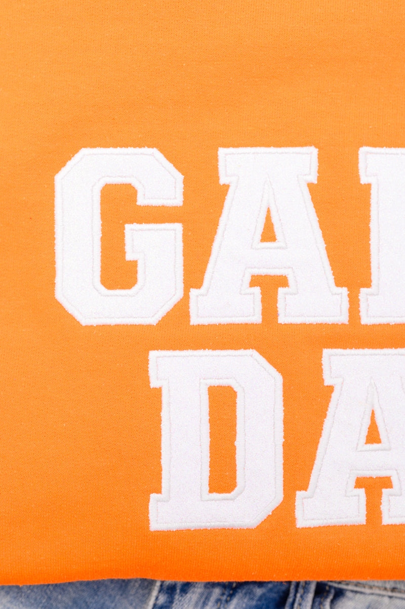 Hazel Blues® |  PREORDER: Embroidered Glitter Game Day Sweatshirt in Bright Orange/White