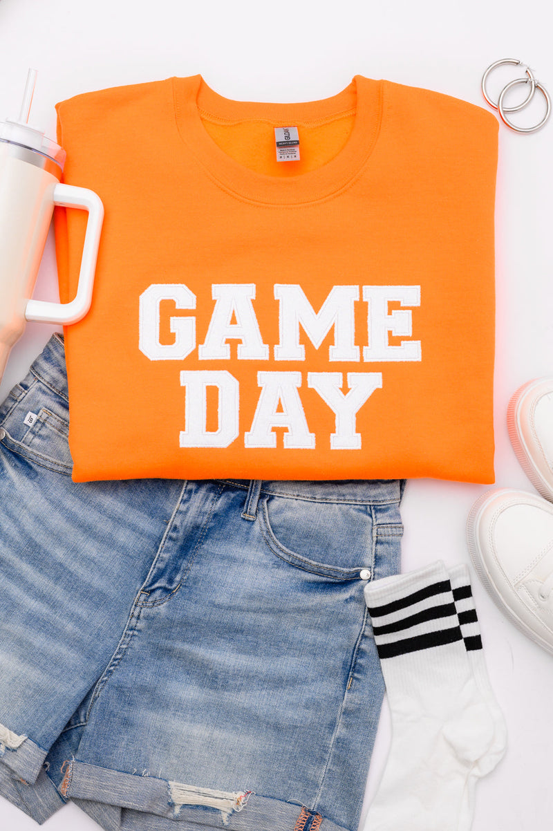 Hazel Blues® |  PREORDER: Embroidered Glitter Game Day Sweatshirt in Bright Orange/White