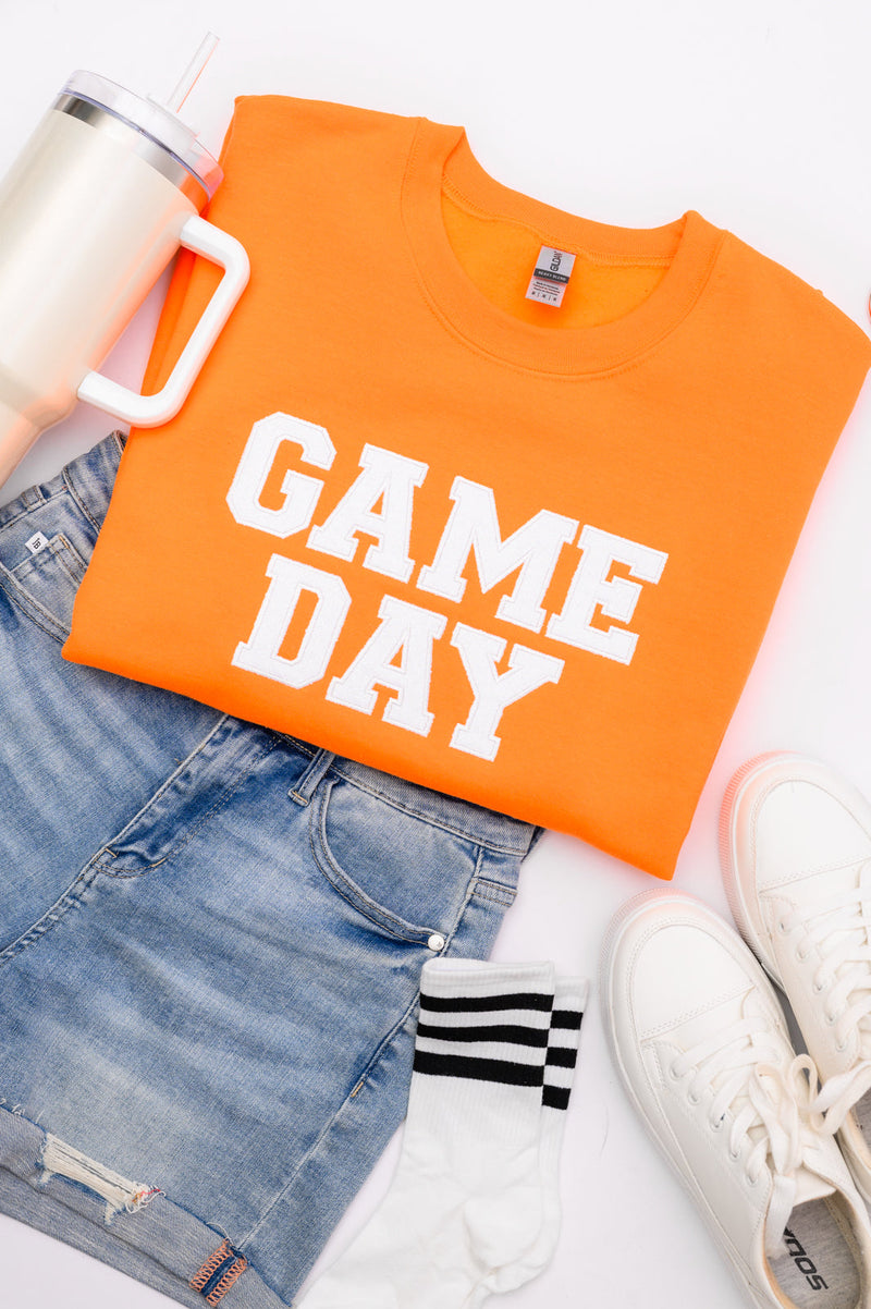 Hazel Blues® |  PREORDER: Embroidered Glitter Game Day Sweatshirt in Bright Orange/White