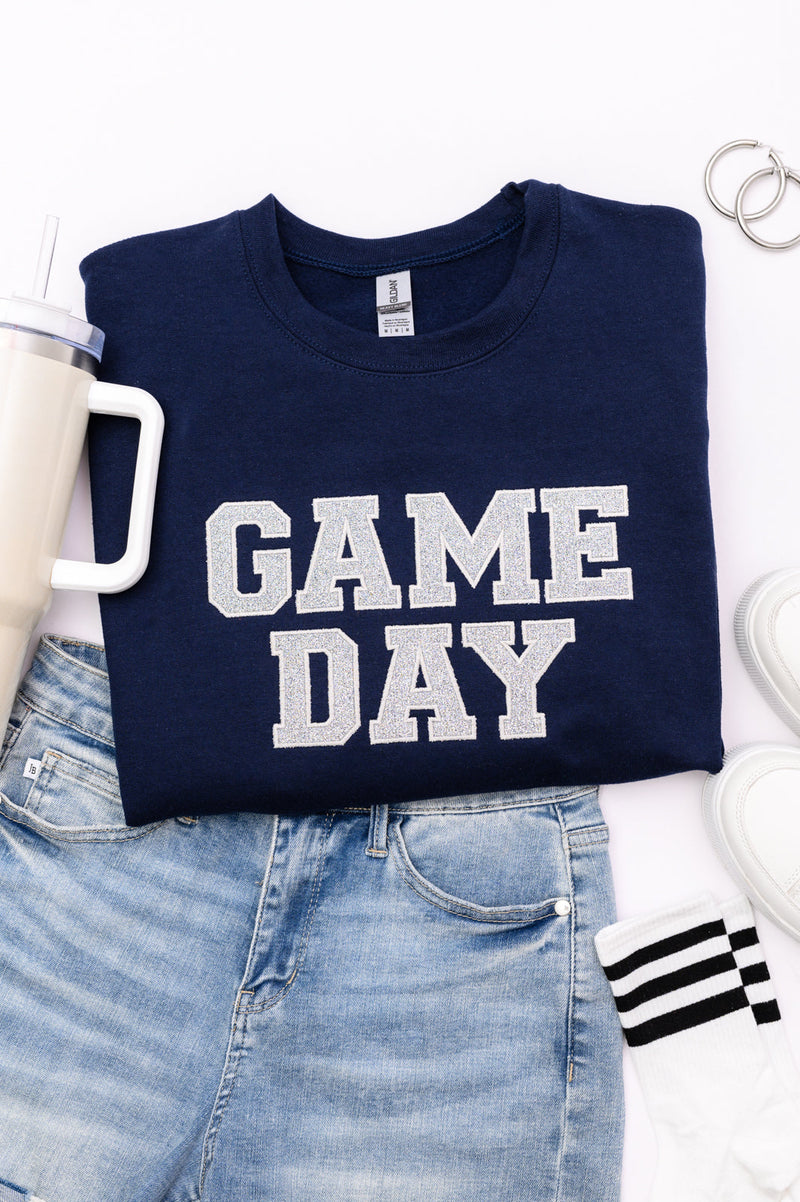 Hazel Blues® |  PREORDER: Embroidered Glitter Game Day Sweatshirt in Navy/Silver