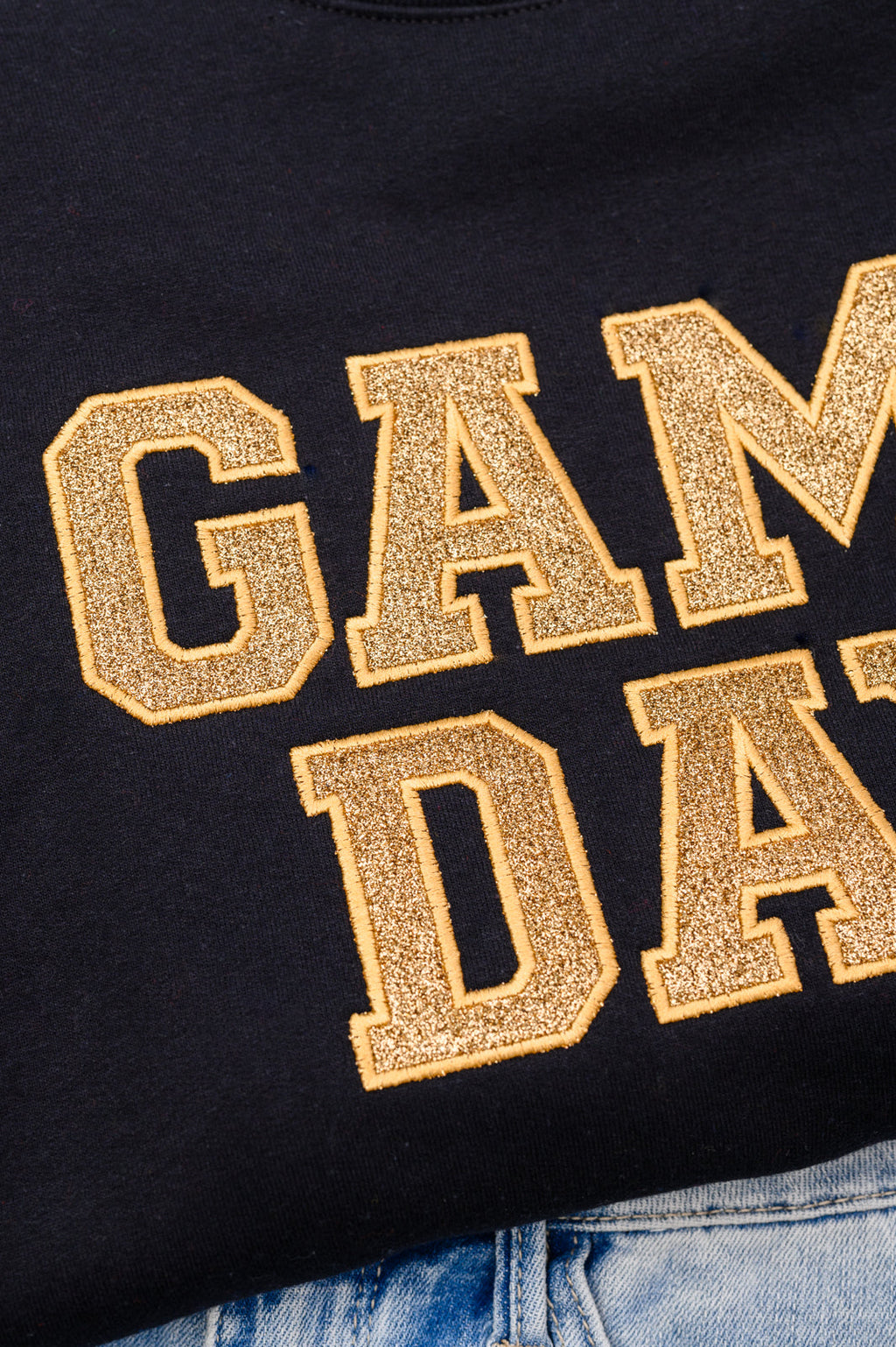 Hazel Blues® |  PREORDER: Embroidered Glitter Game Day Sweatshirt in Black/Old Gold