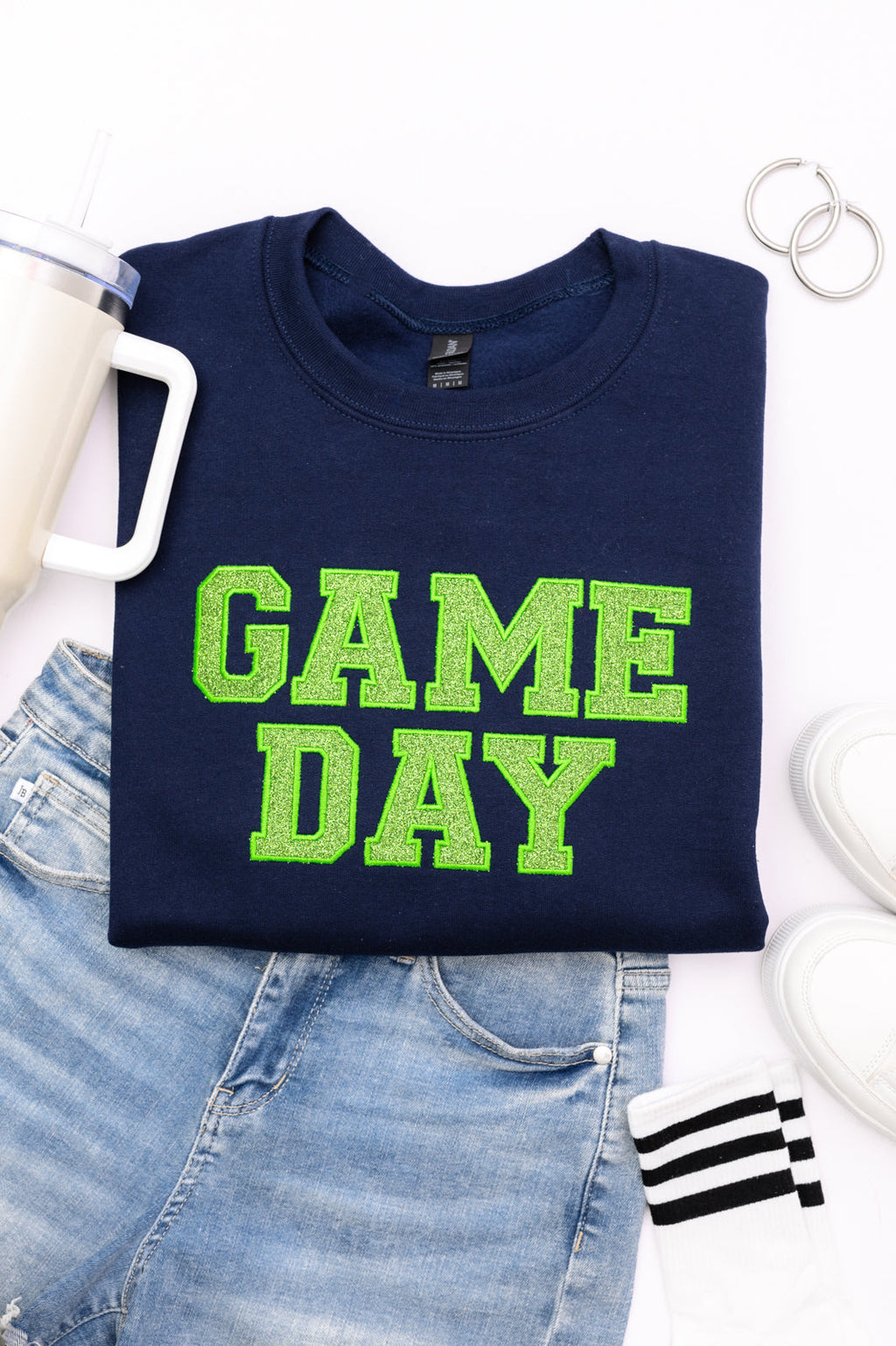 Hazel Blues® |  PREORDER: Embroidered Glitter Game Day Sweatshirt in Navy/Green