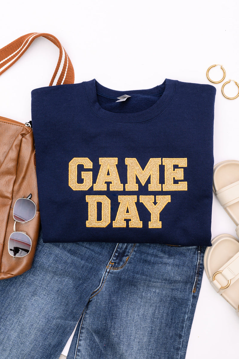 Hazel Blues® |  PREORDER: Embroidered Glitter Game Day Sweatshirt in Navy/Old Gold