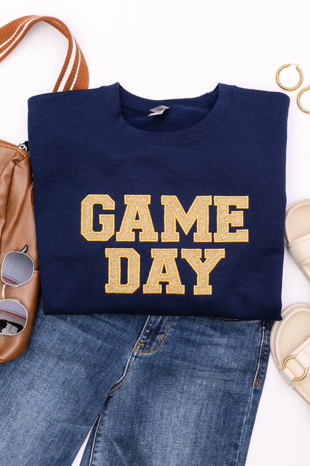 Hazel Blues® |  PREORDER: Embroidered Glitter Game Day Sweatshirt in Navy/Old Gold