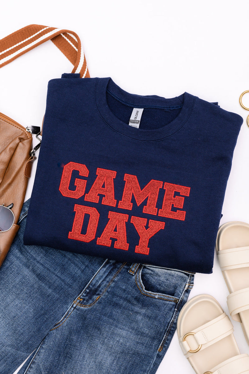 Hazel Blues® |  PREORDER: Embroidered Glitter Game Day Sweatshirt in Navy/Red