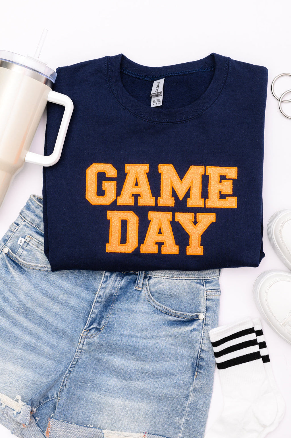 Hazel Blues® |  PREORDER: Embroidered Glitter Game Day Sweatshirt in Navy/Orange