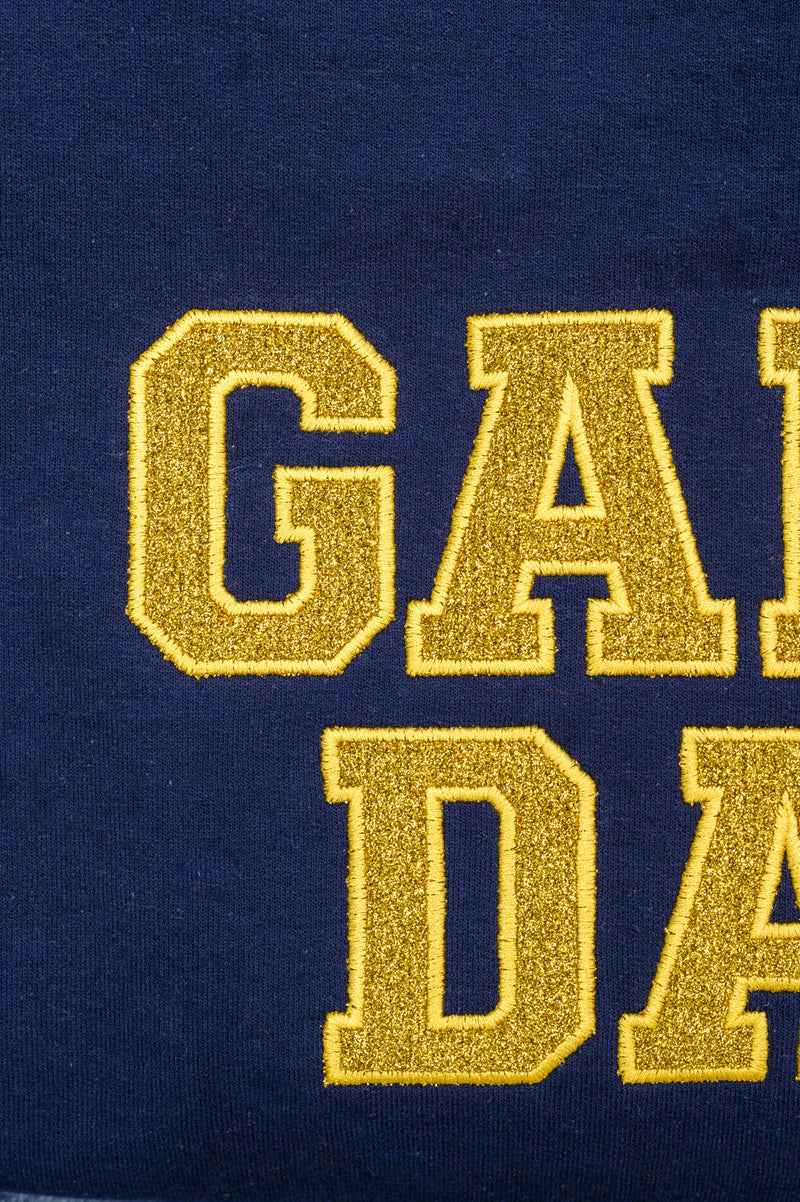 Hazel Blues® |  PREORDER: Embroidered Glitter Game Day Sweatshirt in Navy/Golden Yellow