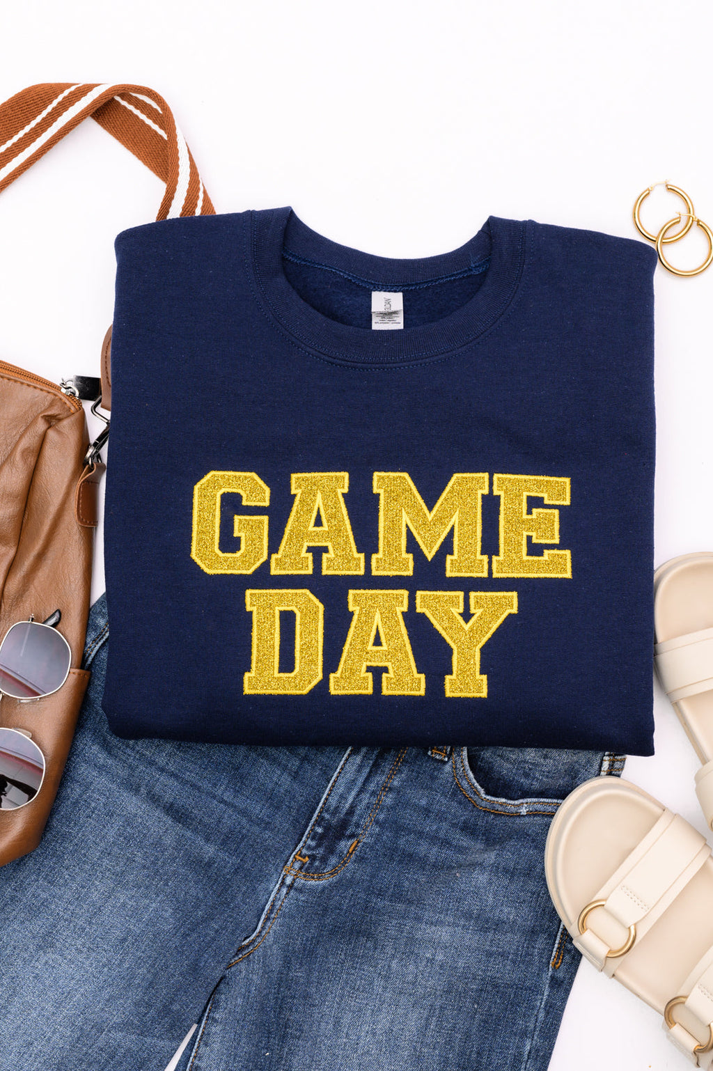 Hazel Blues® |  PREORDER: Embroidered Glitter Game Day Sweatshirt in Navy/Golden Yellow