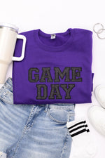 Hazel Blues® |  PREORDER: Embroidered Glitter Game Day Sweatshirt in Purple/Black