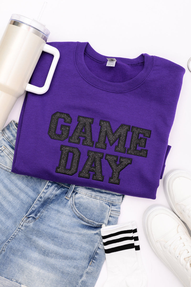 Hazel Blues® |  PREORDER: Embroidered Glitter Game Day Sweatshirt in Purple/Black