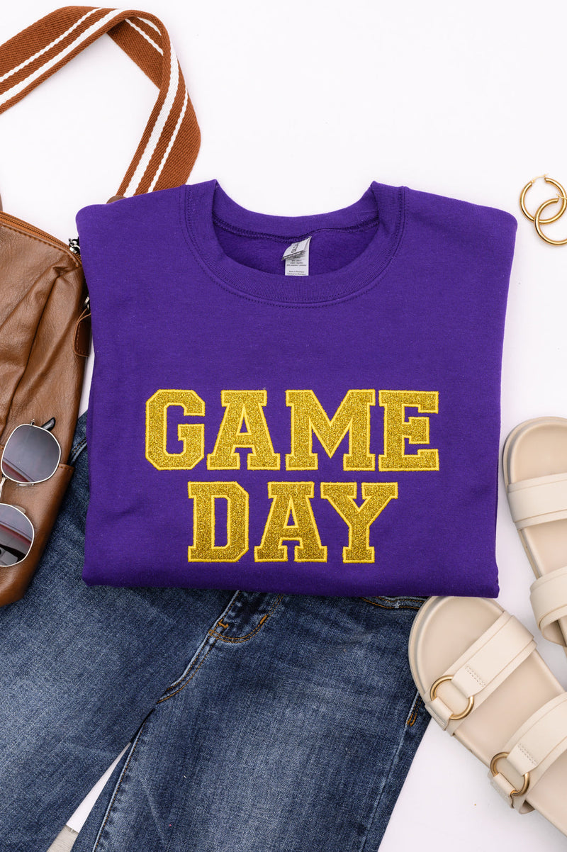 Hazel Blues® |  PREORDER: Embroidered Glitter Game Day Sweatshirt in Purple/Golden Yellow