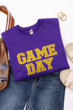 Hazel Blues® |  PREORDER: Embroidered Glitter Game Day Sweatshirt in Purple/Golden Yellow