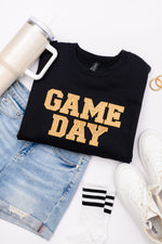 Hazel Blues® |  PREORDER: Embroidered Glitter Game Day Sweatshirt in Black/Old Gold