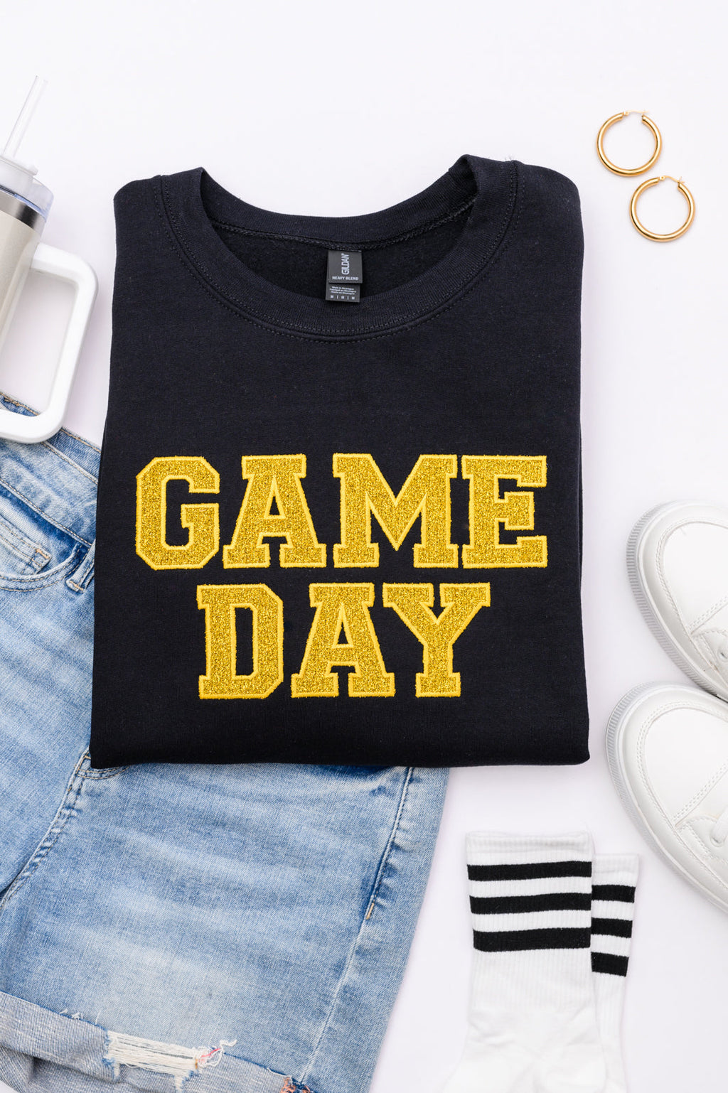 Hazel Blues® |  PREORDER: Embroidered Glitter Game Day Sweatshirt in Black/Golden Yellow