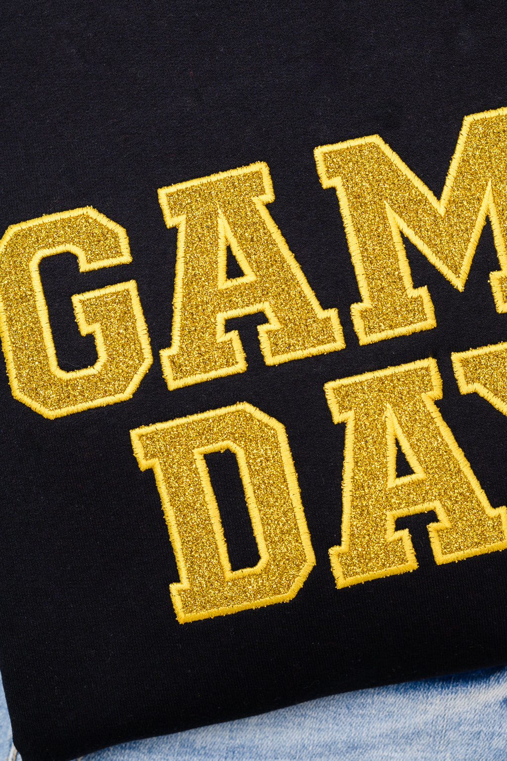 Hazel Blues® |  PREORDER: Embroidered Glitter Game Day Sweatshirt in Black/Golden Yellow