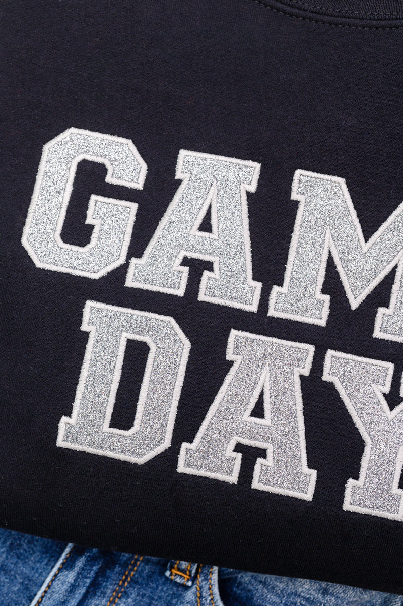 Hazel Blues® |  PREORDER: Embroidered Glitter Game Day Sweatshirt in Black/Silver