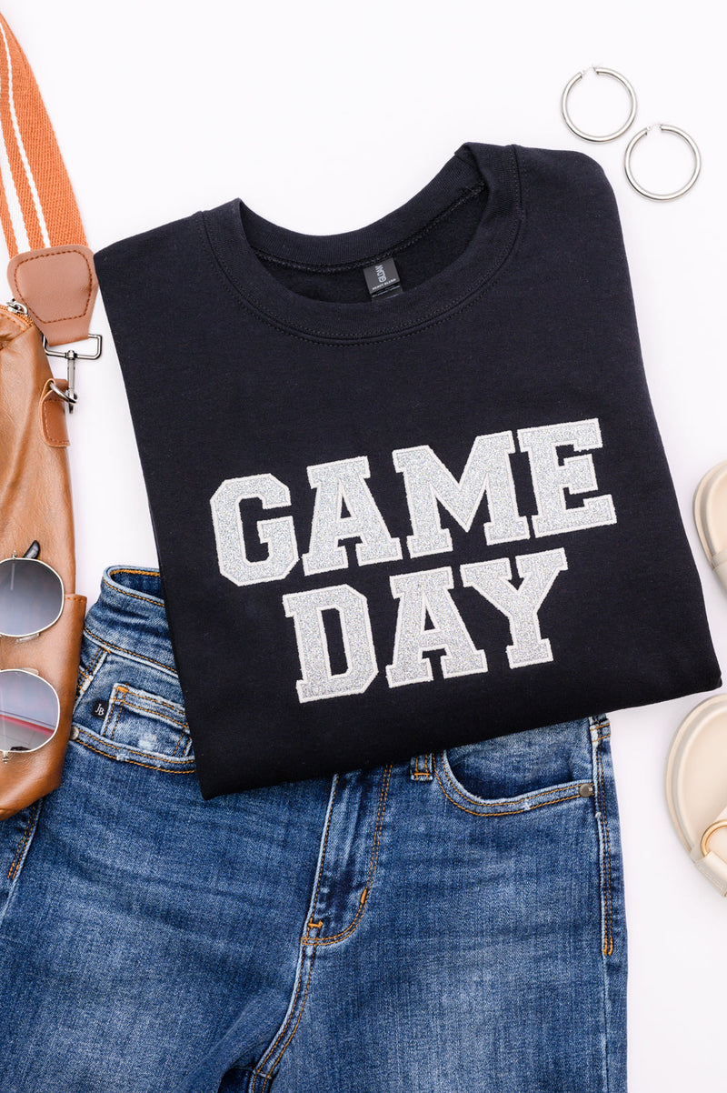 Hazel Blues® |  PREORDER: Embroidered Glitter Game Day Sweatshirt in Black/Silver