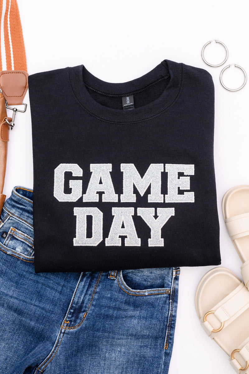 Hazel Blues® |  PREORDER: Embroidered Glitter Game Day Sweatshirt in Black/Silver