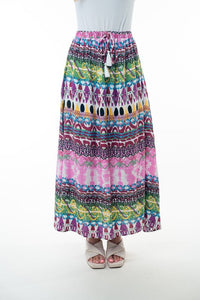 Hazel Blues® |  Printed Elastic Waist Band Long Skirt with Tassels in Pink Combo