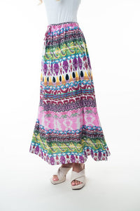 Hazel Blues® |  Printed Elastic Waist Band Long Skirt with Tassels in Pink Combo