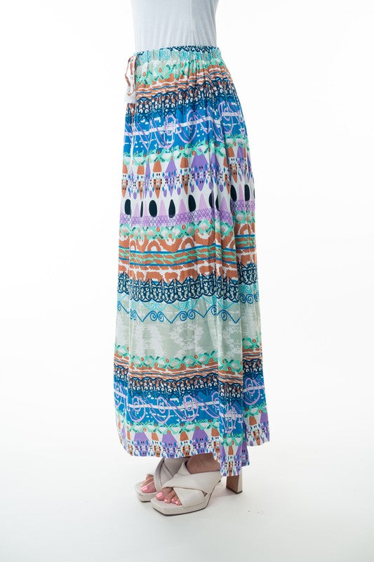 Hazel Blues® |  Printed Elastic Waist Band Long Skirt with Tassels in Sage Combo