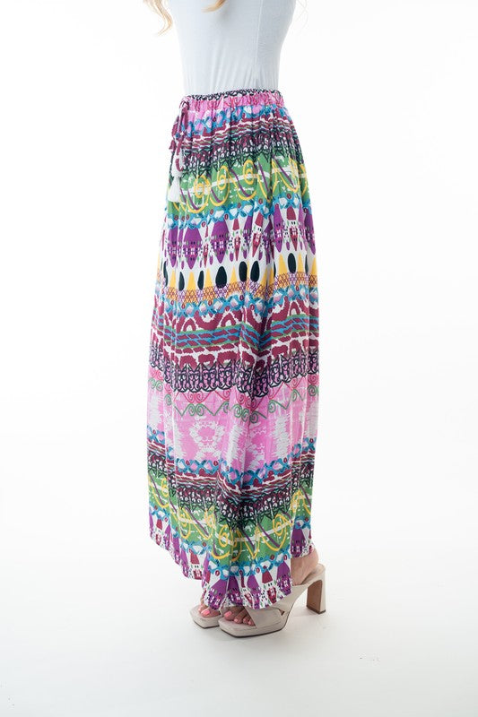 Hazel Blues® |  Printed Elastic Waist Band Long Skirt with Tassels in Pink Combo