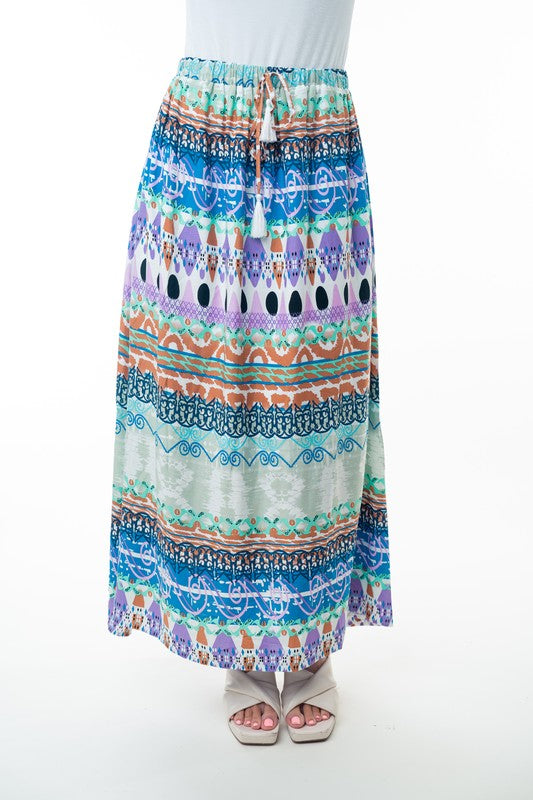 Hazel Blues® |  Printed Elastic Waist Band Long Skirt with Tassels in Sage Combo